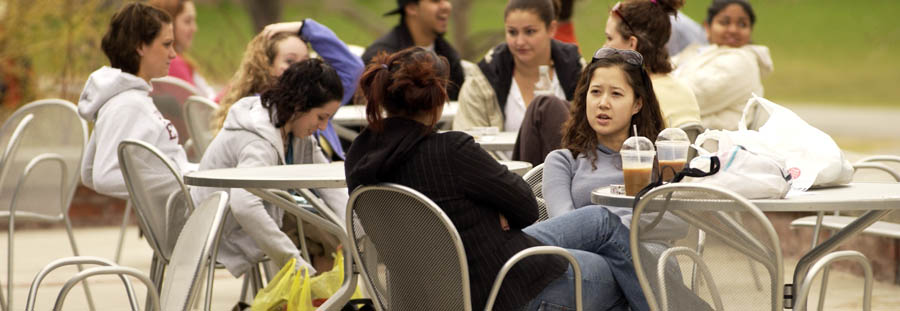 Students gather on Case patio