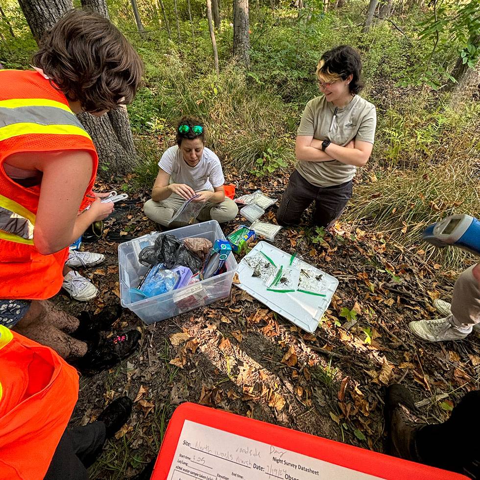 Students sit and crouch on the ground in a wooded area looking at various scientific equipment and field notes