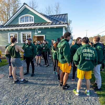 Skidmore+rowing+teams+gather+outside+the+new+boathouse+