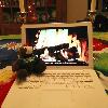 Skids is warming up by the Yule log waiting for Santa