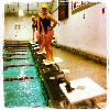 Skids taking his mark with the girls swim team at the RPI Invite.