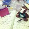 Skids helping me out at the lab bench