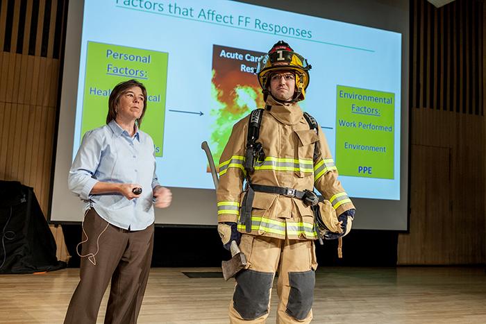 Denise%20Smith%2C%20professor%20of%20Health%20and%20Exercise%20Sciences%2C%20discussed%20how%20her%20research%20on%20the%20physiology%20of%20firefighters%20is%20being%20applied%20in%20the%20design%20of%20firefighting%20gear.