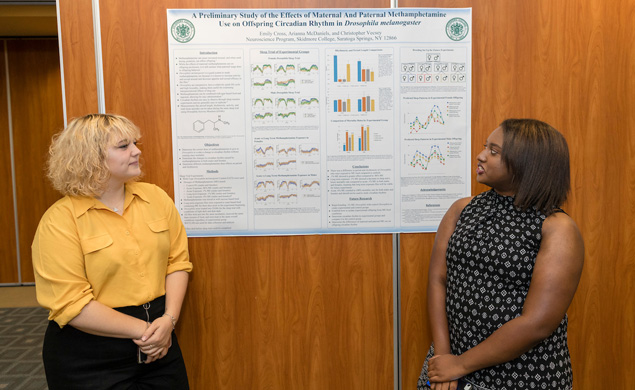 Junior Emily Cross and first-year student Arianna McDaniels are working with Christopher Vecsey, assistant professor of neuroscience, to determine the effects of maternal and paternal use of methamphetamine on offspring. 