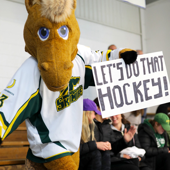Skidmore+College+mascot%2C+Skids%2C+holds+up+a+sign+that+says+%22let%27s+do+that+hockey%22+during+a+men%27s+hockey+game