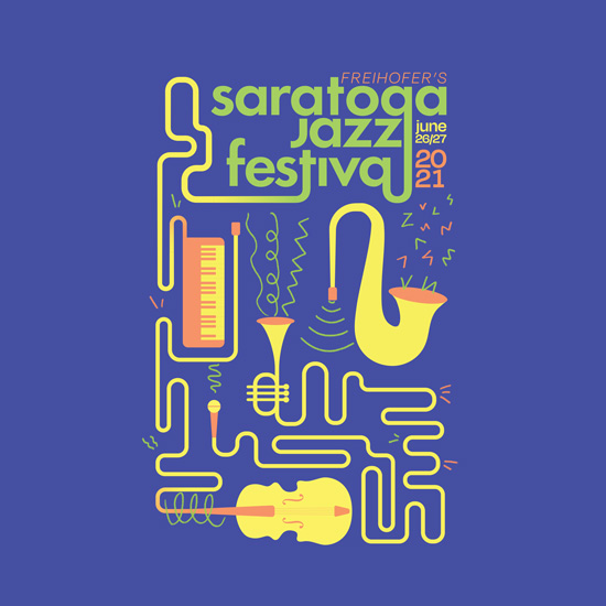 An+illustration+of+jazz+instruments+on+a+blue+background+and+the+text+%22Saratoga+jazz+festival%22+