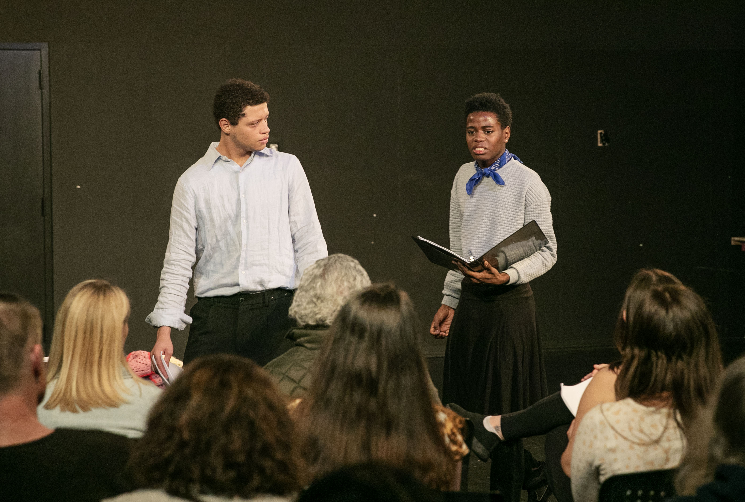 Wesley Almanzar ’27 and Davin Arzu ’27 perform a translation of a play as part of Academic Festival session for the Theater Department, one of many distinct ways that Skidmore students from many disciplines participate in academic festival each year.