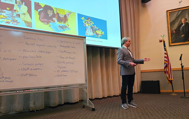 Skip Kodak, regional president of the LEGO Group’s Americas business, delivers the 39th annual F. William Harder Lecture in Gannett Auditorium.