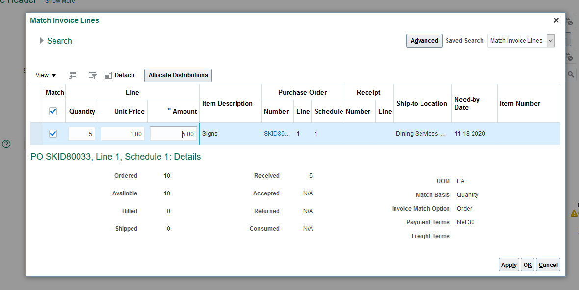 Entering an Invoice for a Purchase Order