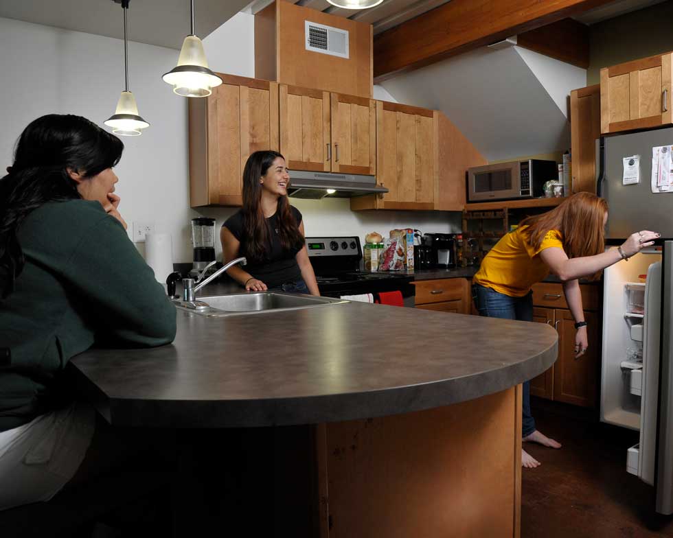 Students talk in a shared apartment kitchen while one reaches into the refrigerator.