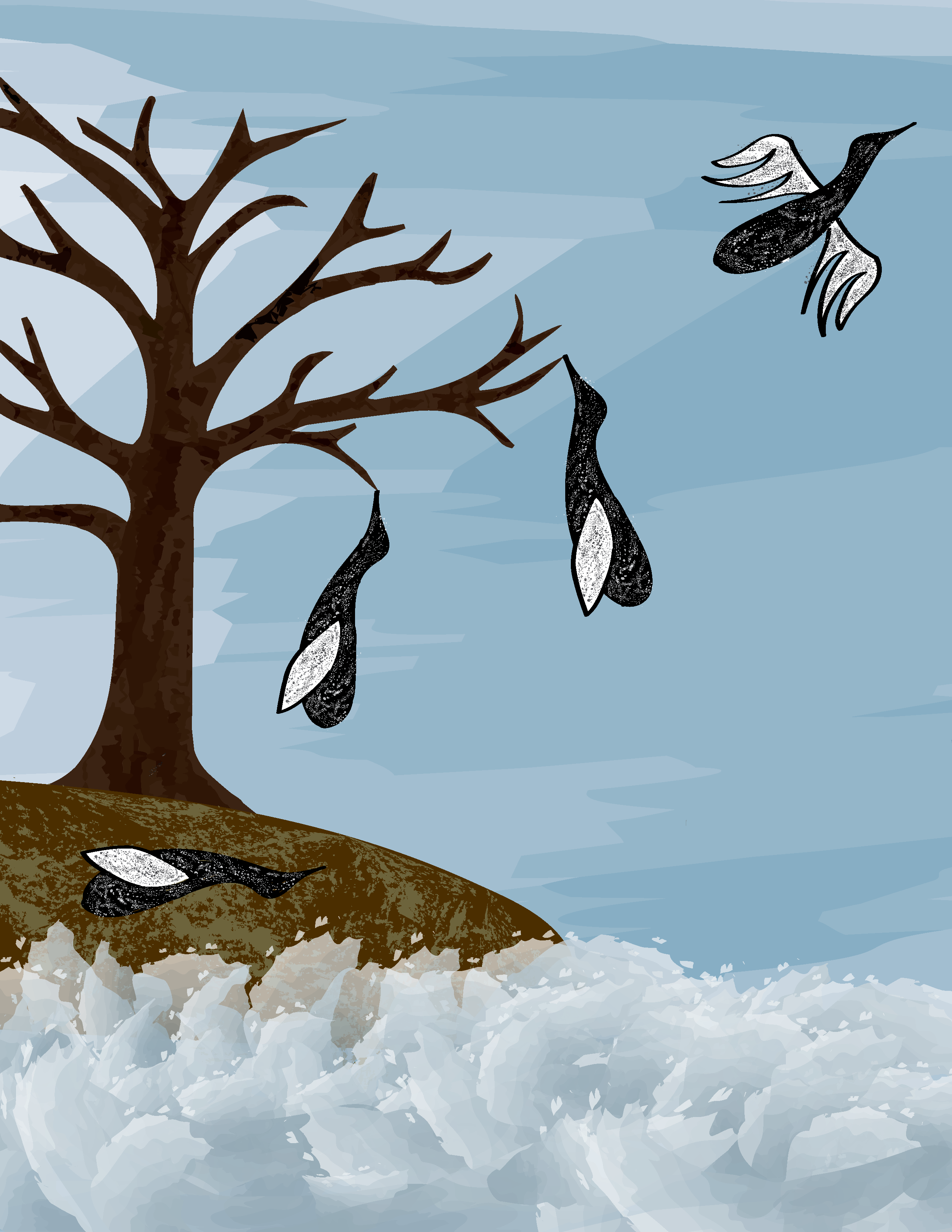  Two birds growing from tree by its beak over water. One falls to the ground dead. The other flys away.