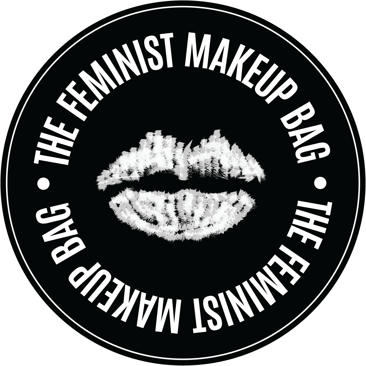 a round black button that says the feminist makeup bag along the edges of the circle twice. there is also a white lipstick print in the center
