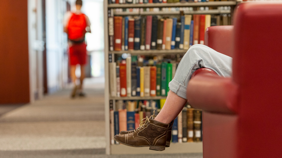 Student studies in the library 