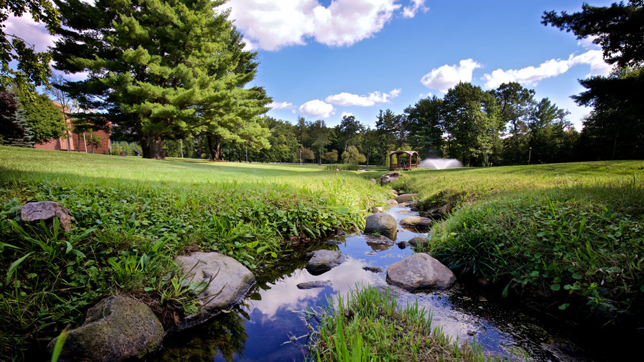 View of Skidmore College landscape from a stream on campus