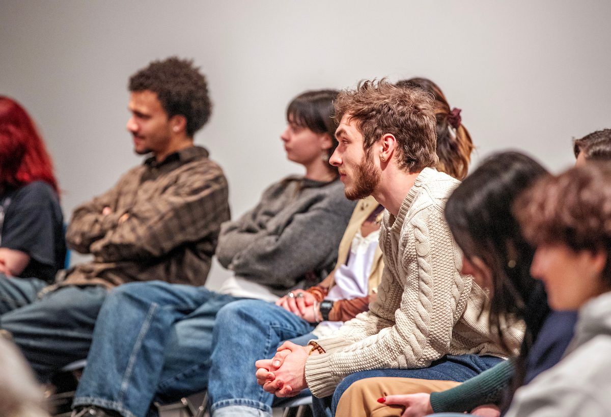 Students at "Inkscapes: Tattoo Storytelling," a Feb. 5, 2026, event organized by Lauren Attwell ’26 in conjunction with the exhibition “Inked: Stigma, Otherness, and Art” at the Tang Teaching Museum.
