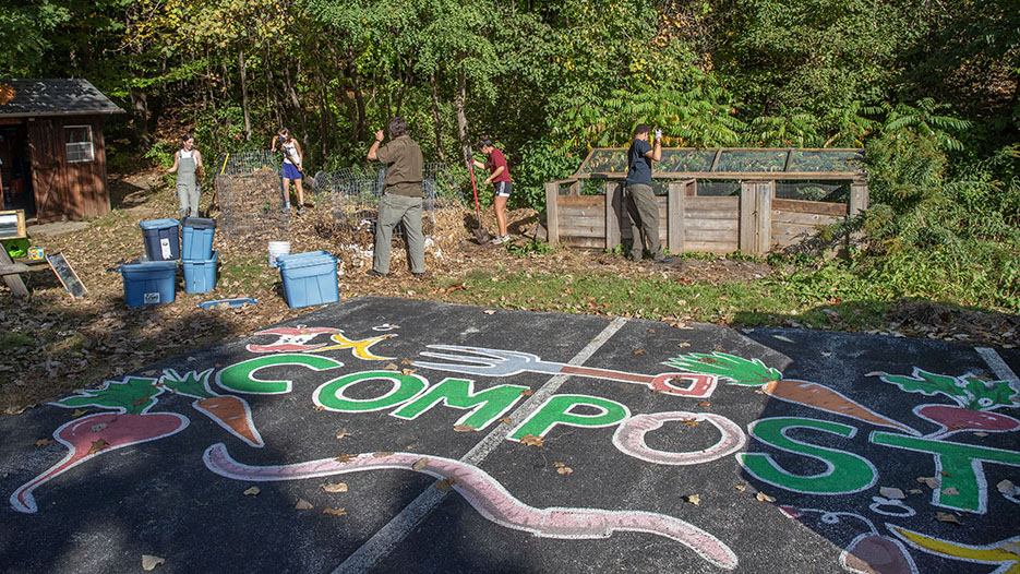 A campus composting work party