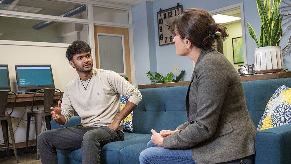  Ankit Gupta ’26 with Academic Counselor and Coordinator of International Student and Scholar Services Chloe Jaleel