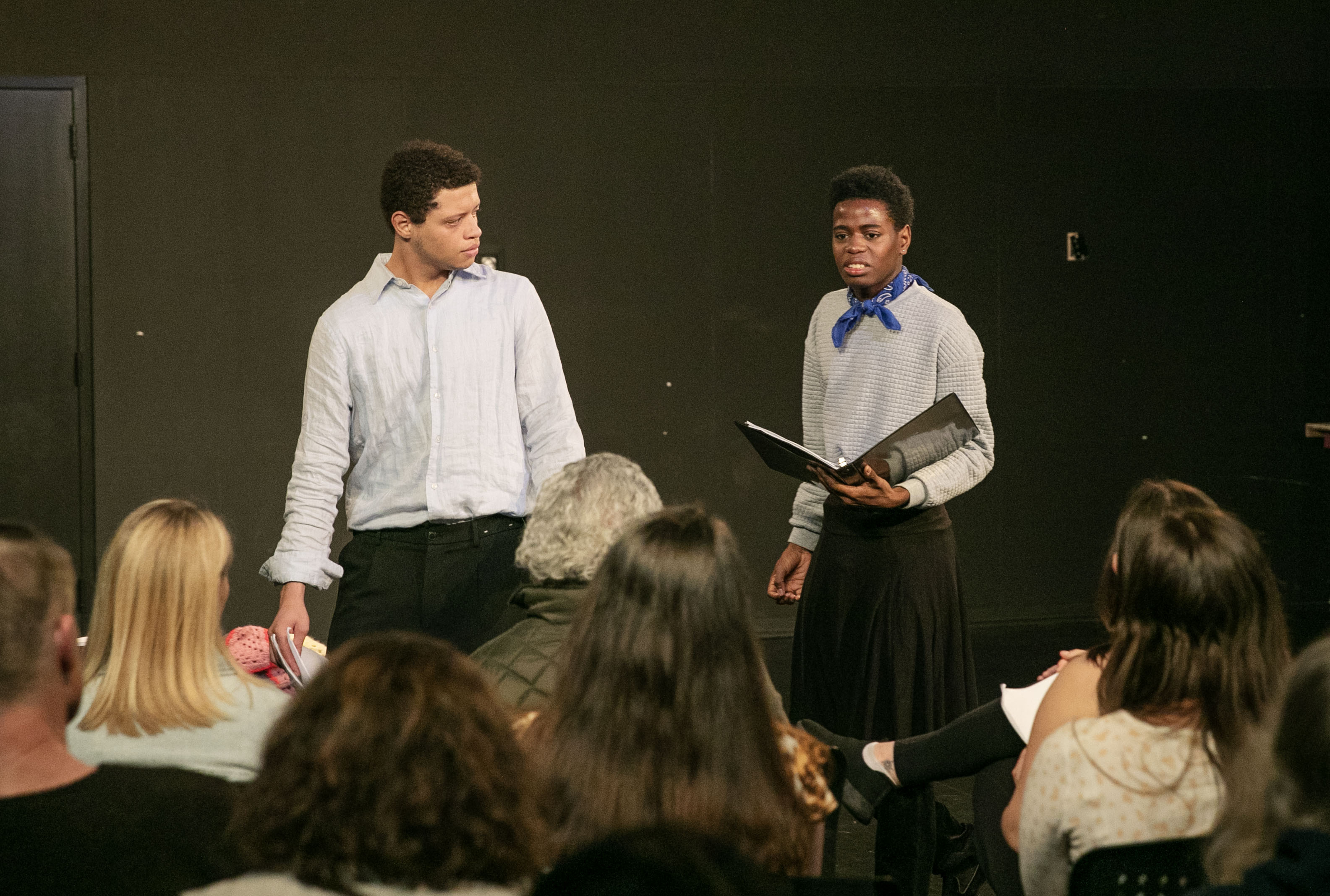Wesley Almanzar ’27 and Davin Arzu ’27 perform a translation of a play as part of Academic Festival session for the Theater Department, one of many distinct ways that Skidmore students from many disciplines participate in academic festival each year.  