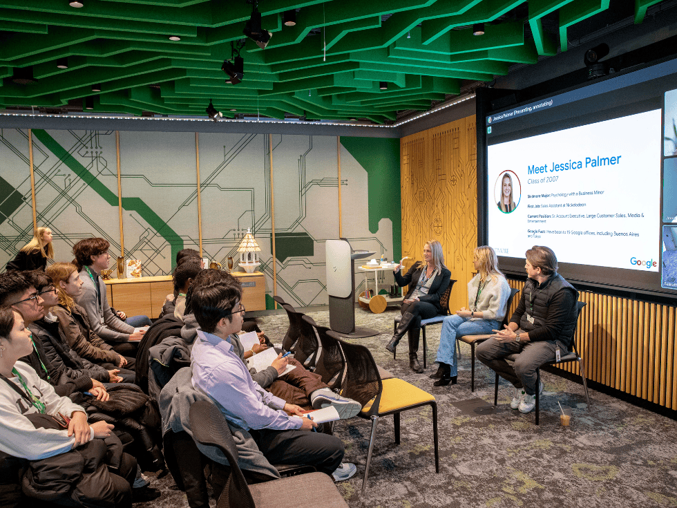 Skidmore students listening to alumni during a presentation at LinkedIn's NYC office.
