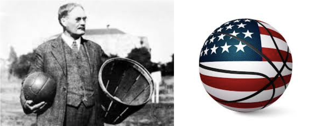 Vintage image of a Basketball referee and a cartoon of a basketball with the American flag on it