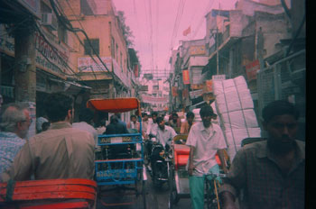 Taking a rickshaw ride in Old Delhi, Hunter Marston '07