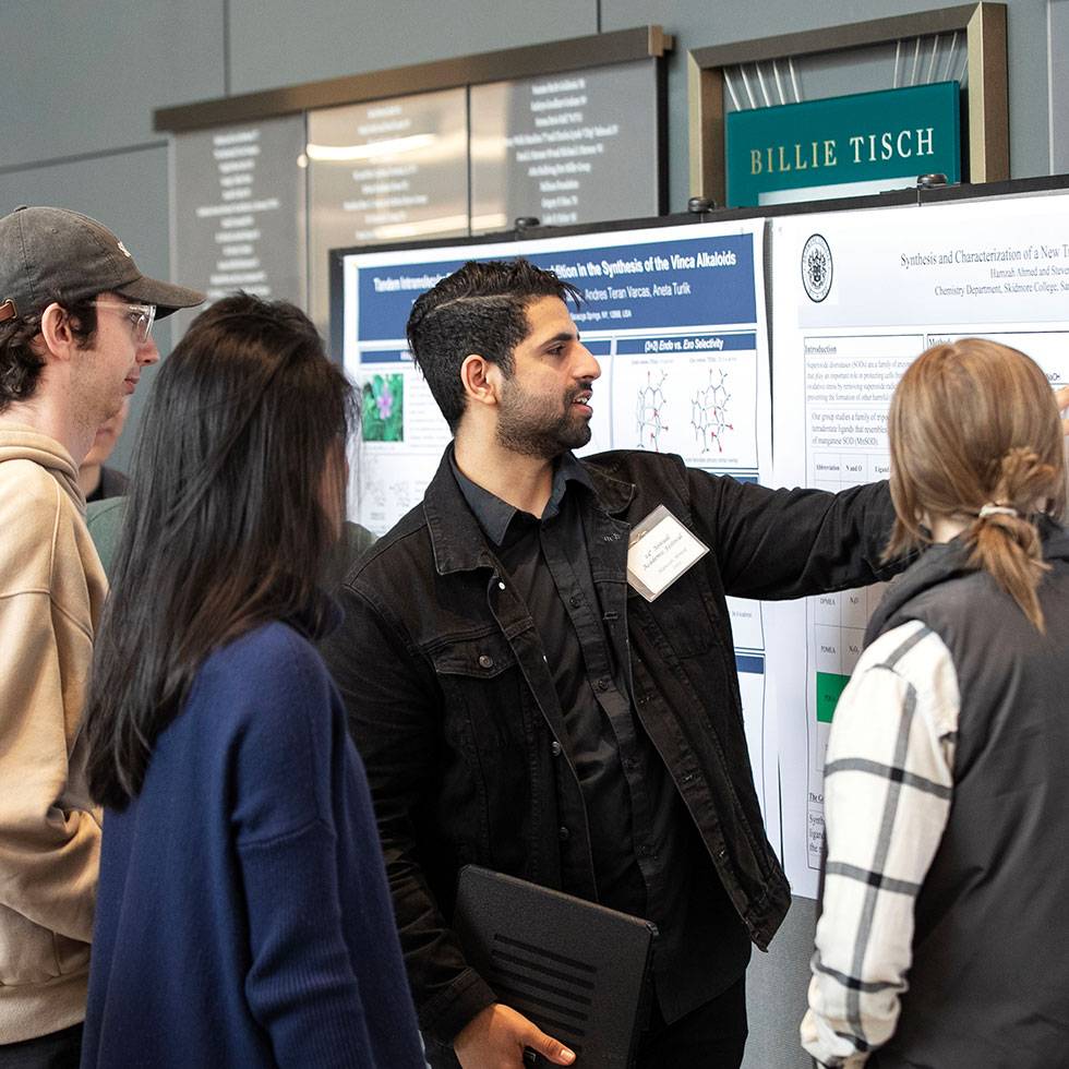 A Skidmore student presents their poster during the Chemistry Academic Festival in the Billie Tisch Center for Integrated Sciences