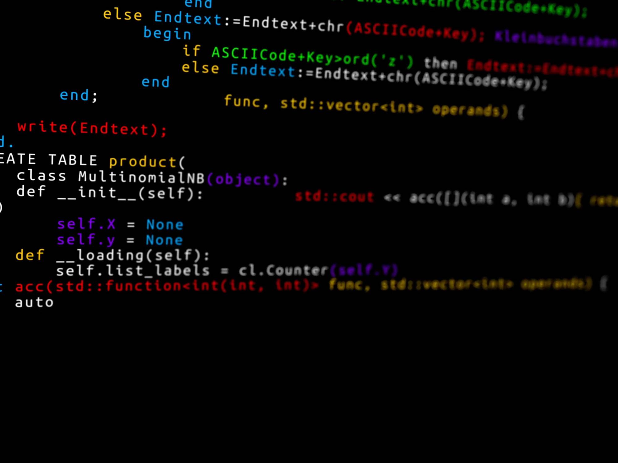 Coding in various colors on a black computer screen