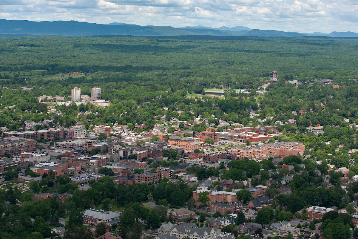 Aerial view of campus and downtown Saratoga.