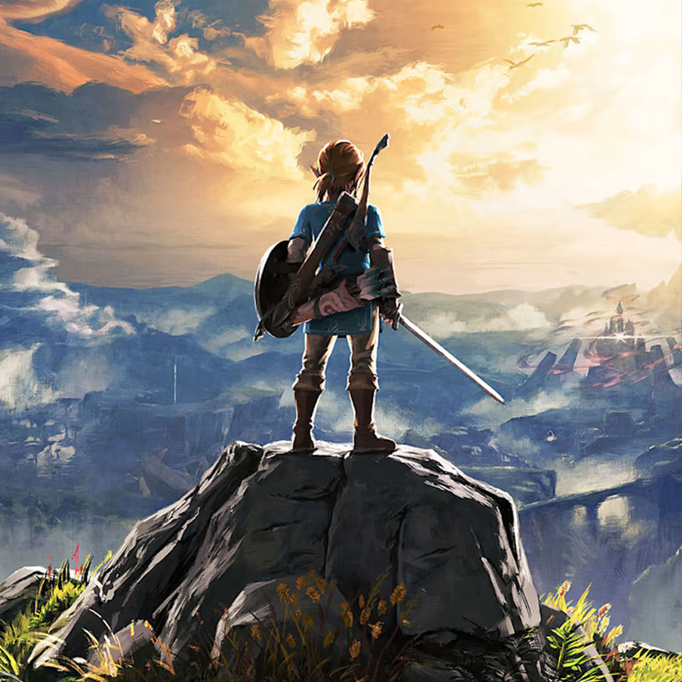 Stylized illustration of a sword-wielding Link from Zelda standing on a mountain peak, gazing over a vast, fantasy landscape at sunrise with castles, clouds, and distant mountains.
