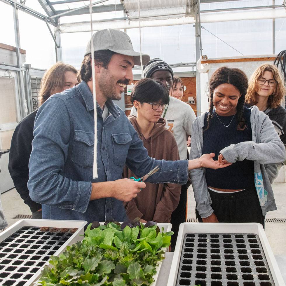 Two students watch a gardener pull back plants being grown in a tray to explore their root sytem