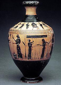 Typical genre scene: Black-figure vase with women working at a loom, by the Amasis Painter, ca. 540 BCE (Skidmore Visual Resources)