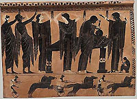 Archaic Greek black-figure plaque depicting mourners tending the deceased, ca. 520-510 BCE (Metropolitan Museum of Art)