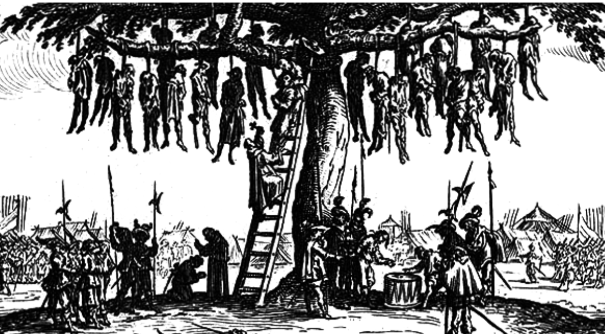 Illustration of people being hung from a tree