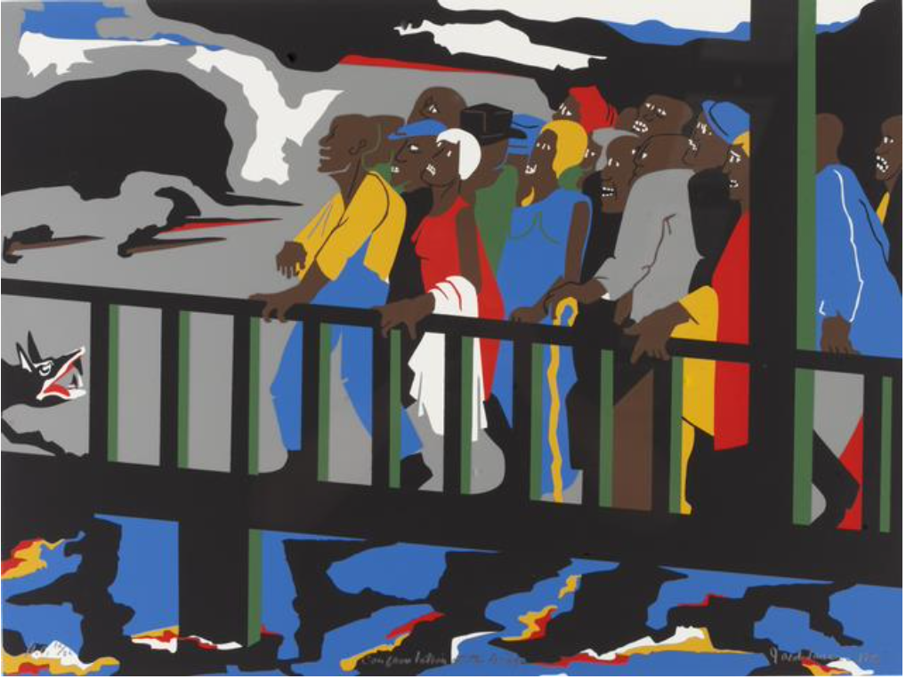 Illustration of Black people crossing a bridge