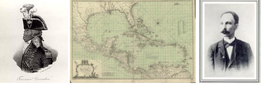 Portraits of Black and White Men and an Old Map of the Caribbean