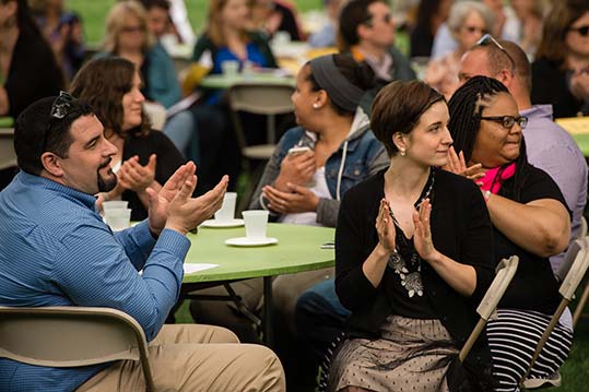 Two Skidmore employees sit at table during the Retirement and Reception Luncheon