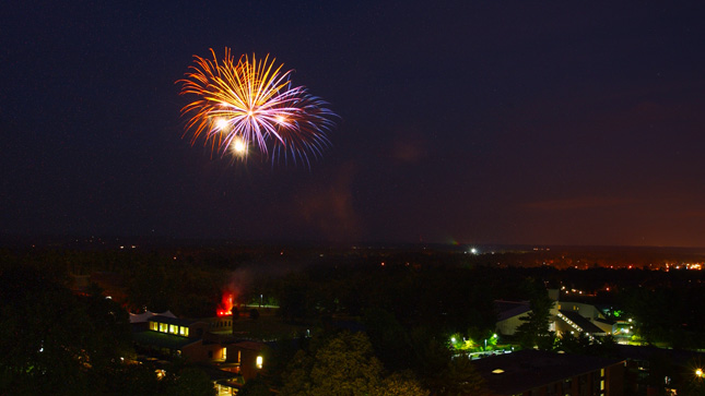 Fireworks seen from Jonsson Tower