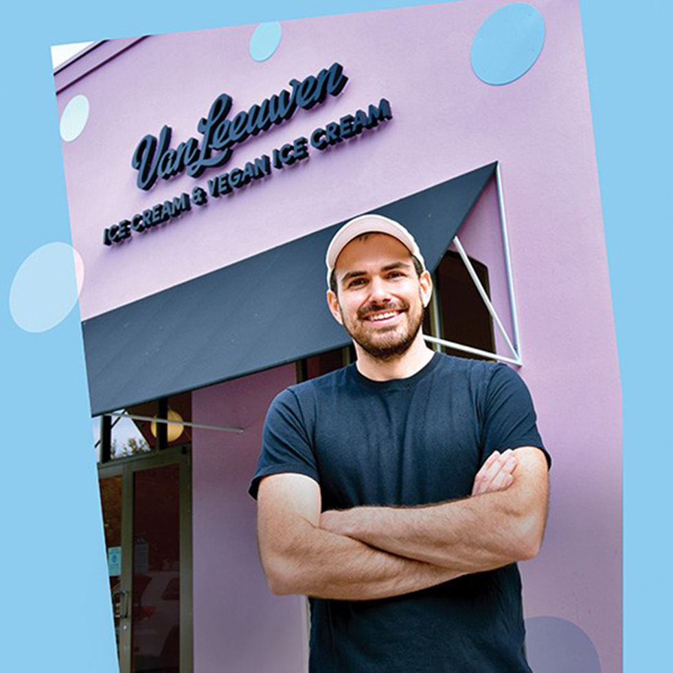 Ben Van Leeuwen '07 standing in front of a Van Leeuwen Ice Cream storefront.