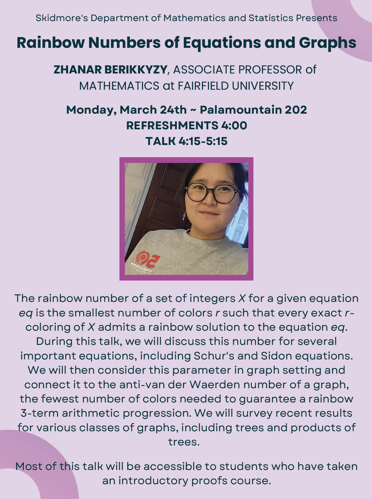 Poster for Colloquium talk by Zhanar Berikkyzy at Skidmore College