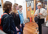 The Chittendon Falls hydro dam operator talks with Skidore students including Caroline Hobbs '16, center. The Chittendon Falls hydro dam operator talks with Skidore students including Caroline Hobbs '16, center.
