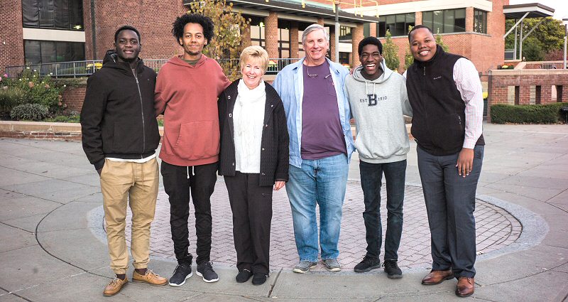 Gwakuka, Tesfamariam, the Townes, Sadiq Ahmed '20, and Shongwe meet up outside Case Center. (Photo by Eric Jenks '08)