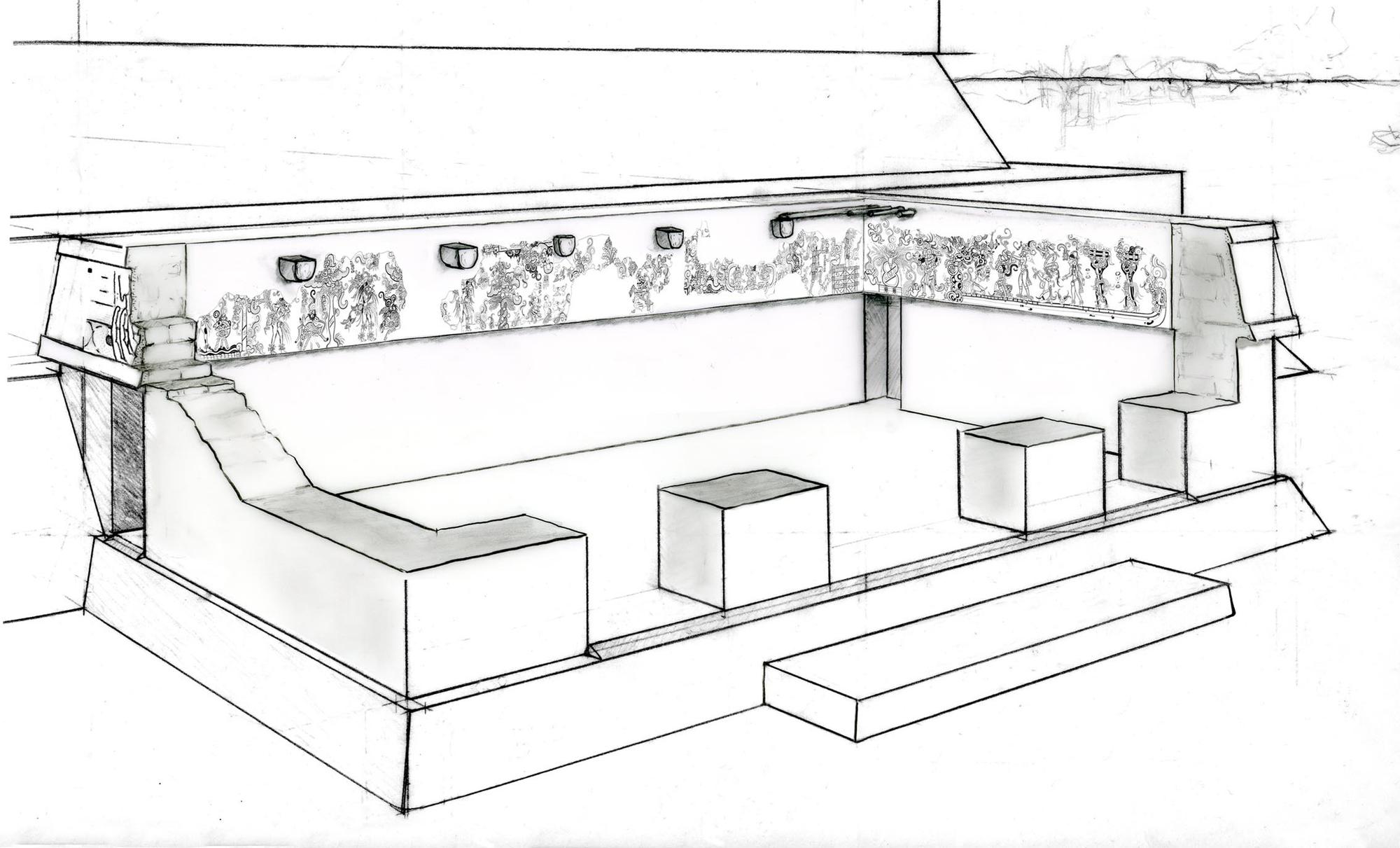 Heather Hurst, Architectural reconstruction of the murals at San Bartolo, 2014, inject print, courtesy of the artist  Description