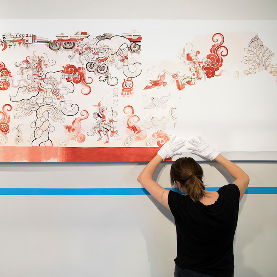 Heather+Hurst+hangs+her+watercolor+paintings+of+a+mayan+temple+mural