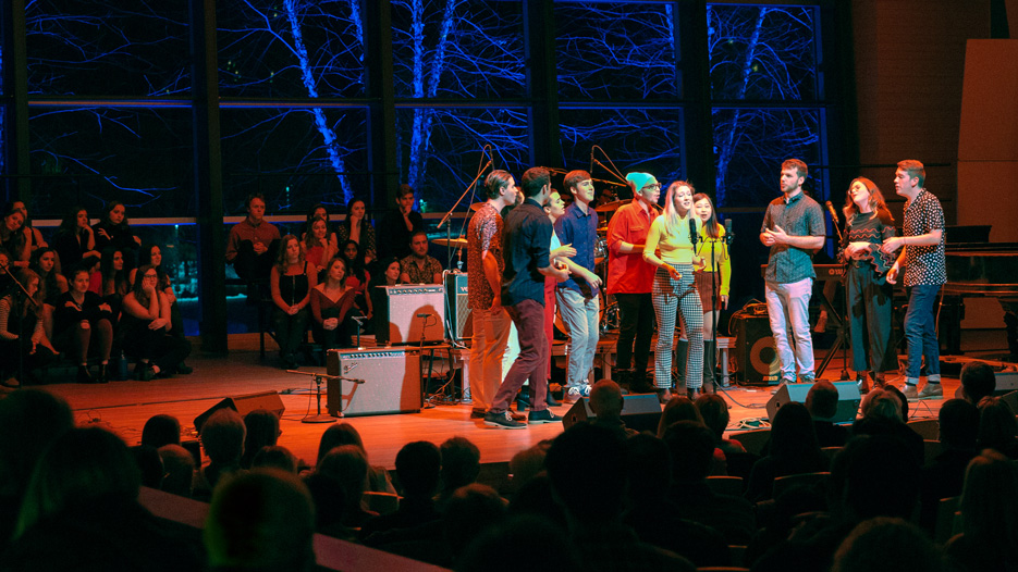 Skidmore College students perform Beatles music on stage