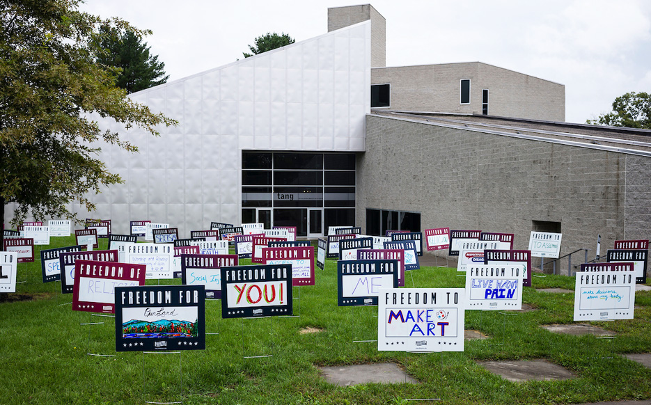 "Freedom of" signs on display outside the Tang Teaching Museum at Skidmore College