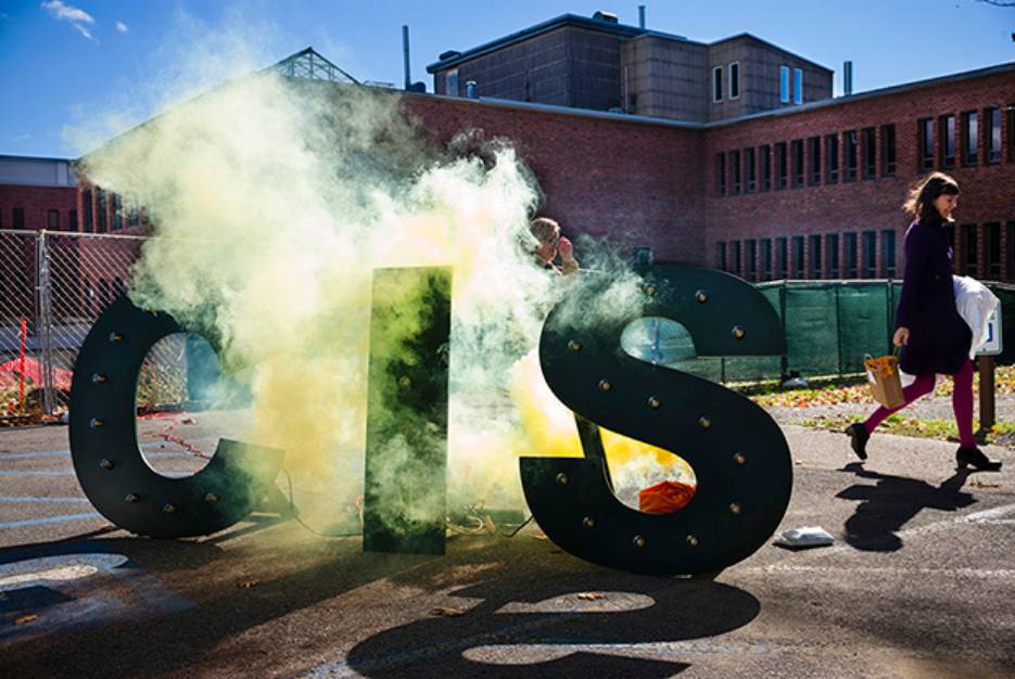 Smoke billows during celebrations for Skidmore's new science center.