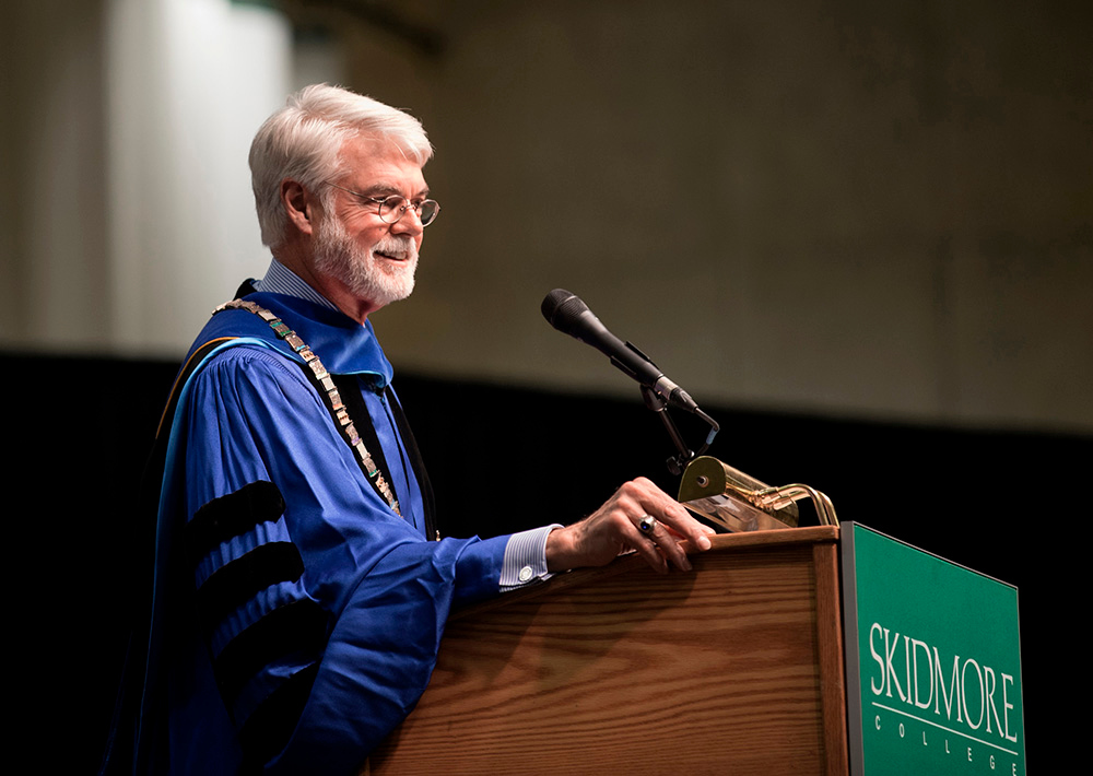 President of Skidmore College Philip A. Glotzbach addresses students at Convocation 