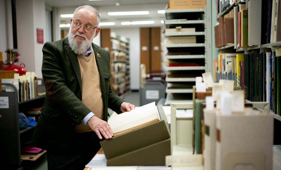George P. Landow, professor emeritus of English and art history at Brown University, visited Skidmore's special collections ahead of the Fox-Adler lecture