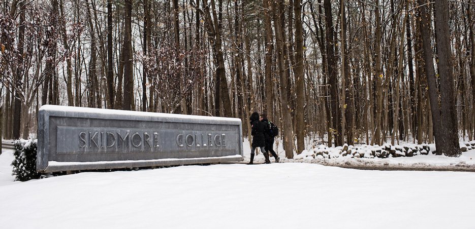 Skidmore college entrance covered in snow