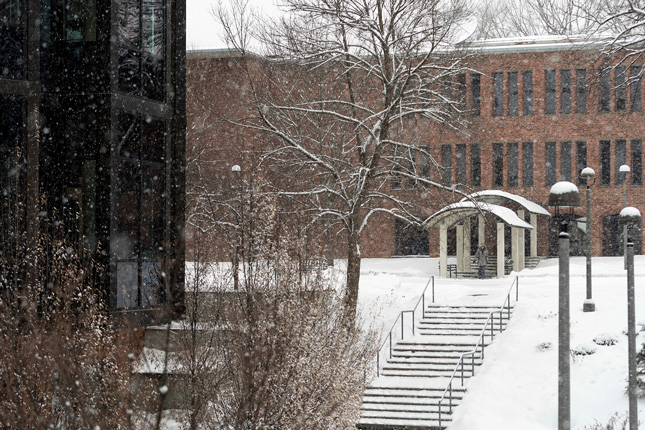 Snow falling on Skidmore campus